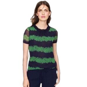 J. Crew Silk Ruffle Sheer Floral Blue/Green Beanstalk Stripe Print Blouse